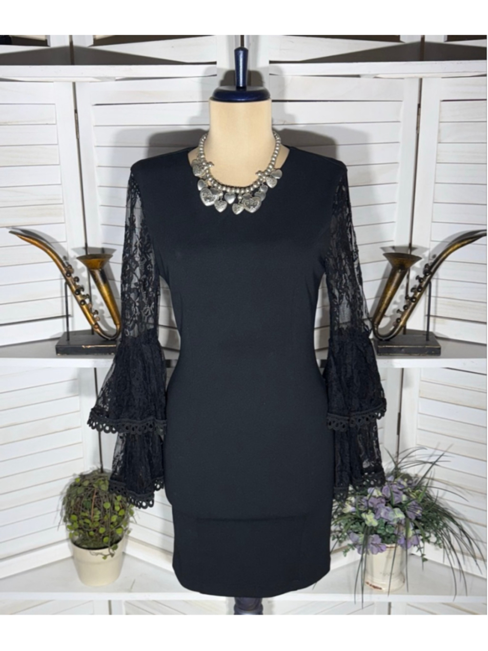 Jealous Tomato black mini dress sheer lace trumpet sleeves whimsigoth cocktail S